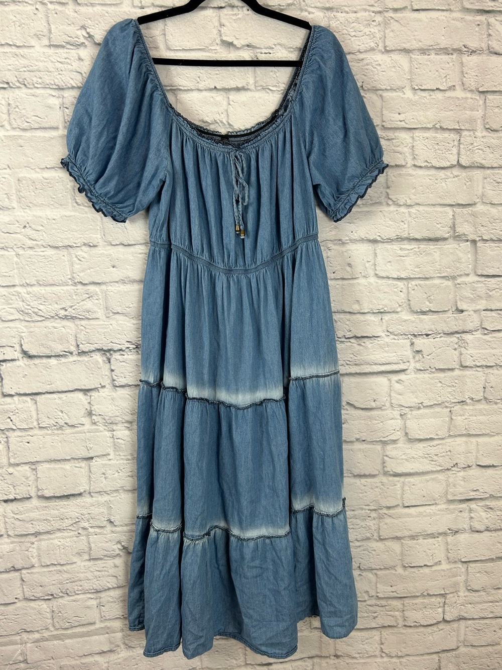 Indigo & Lace Chambray Tiered Maxi Dress 3X Fits Like 2X Cotton Peasant Prairie